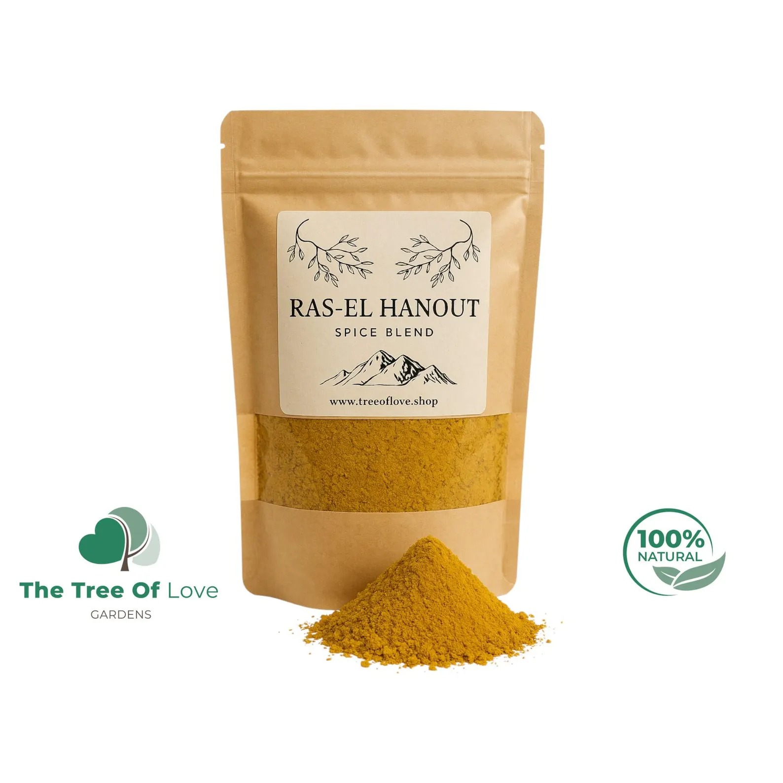 Kraft pouch of golden Ras-el-Hanout spice blend with a small mound of powder