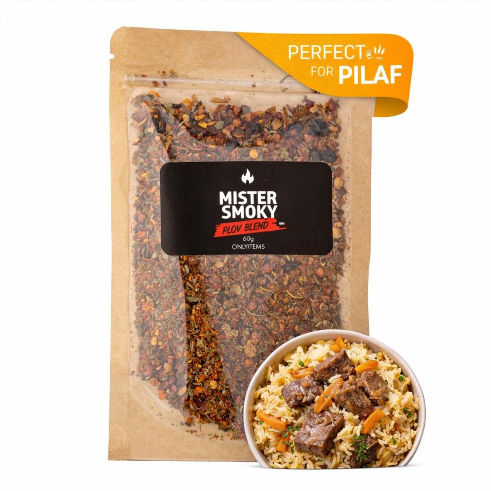 Kraft pouch of pilaf seasoning blend shown beside a bowl of rice with meat and carrots