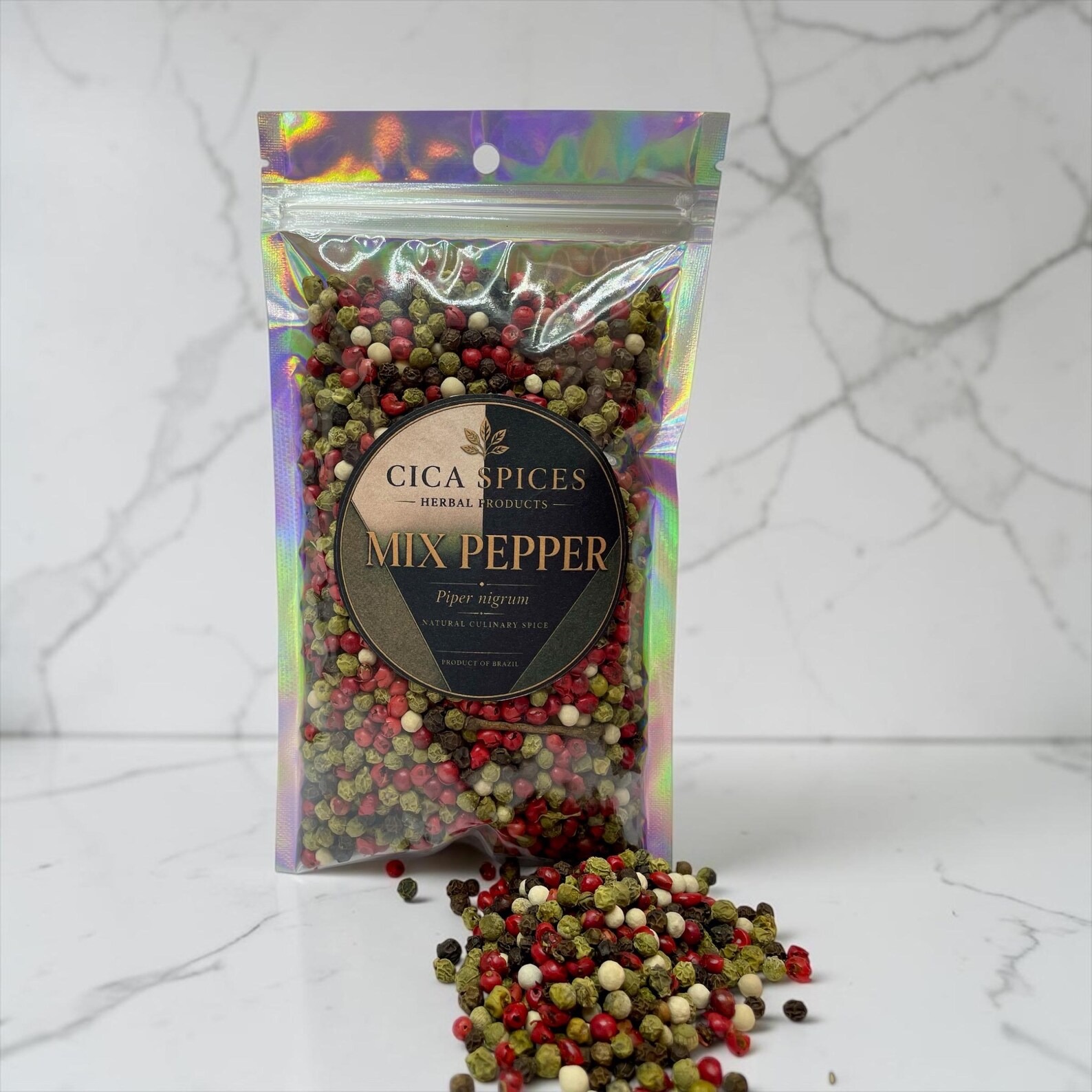 Resealable pouch of mixed black, green, white and pink peppercorns