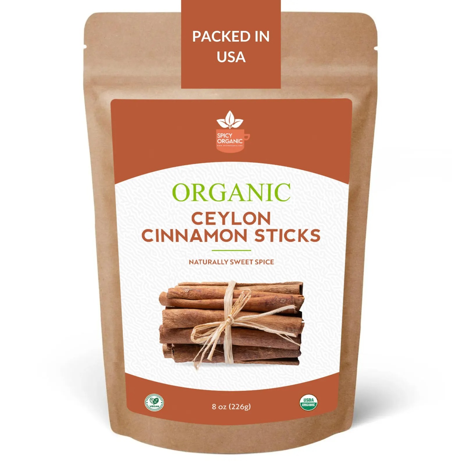 Bundle of Ceylon cinnamon sticks on an organic kraft pouch