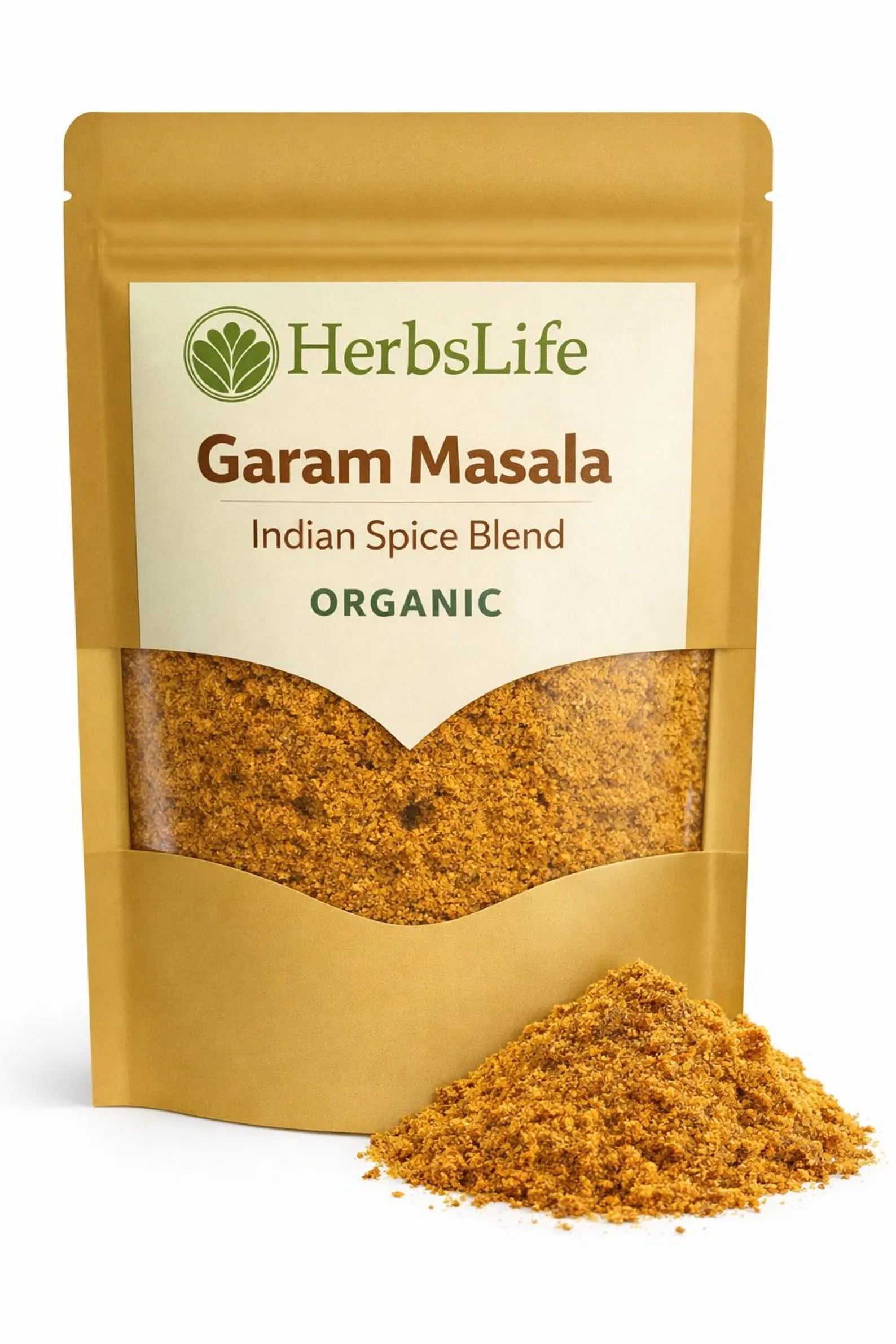 Pouch of organic Garam Masala Indian spice blend beside a mound of powder